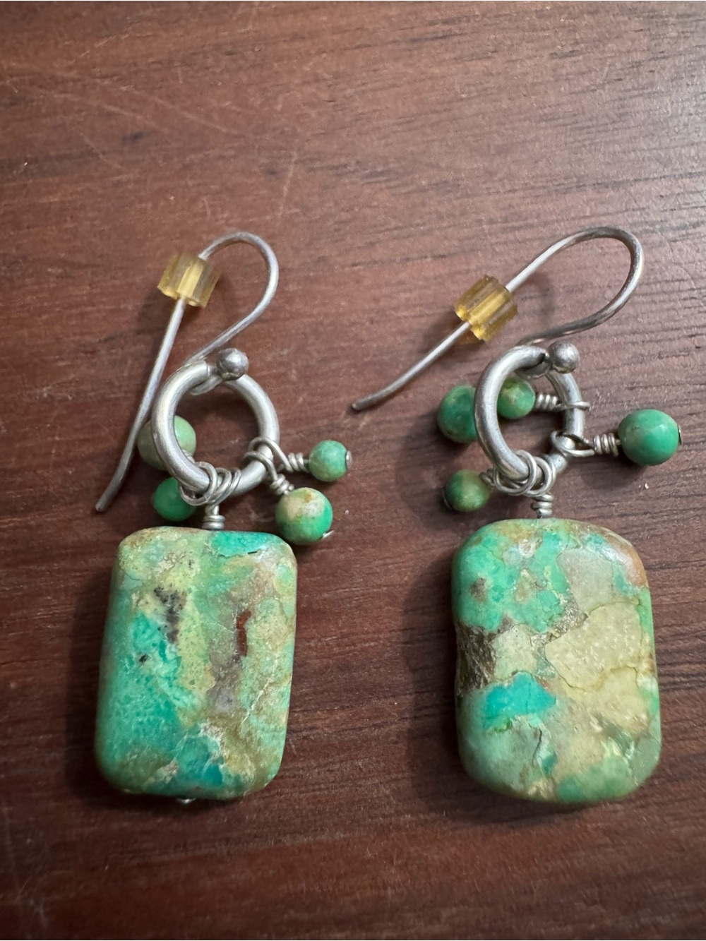 Silver Turquoise Rectangle Stone w/Dangle Bead Earrings